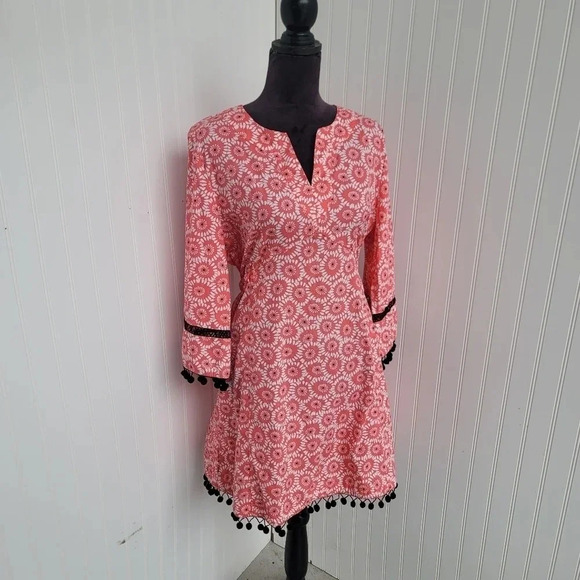 Garden Freak Rare Grow a Pear Coral Pink Black Pom Floral Dress Funky Bright L - Picture 4 of 11